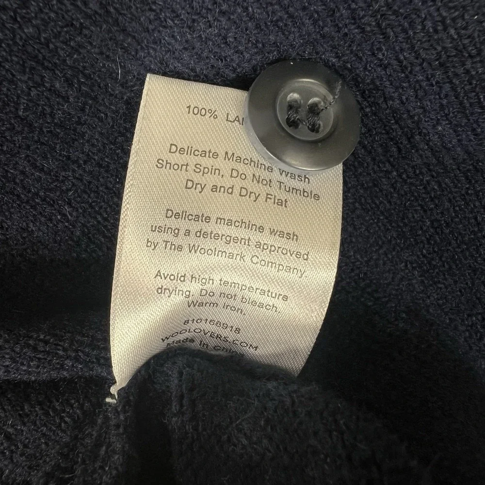 WoolOvers‎ Mens Lambswool V Neck Cardigan Size Large Navy Preppy Classic *FLAW*